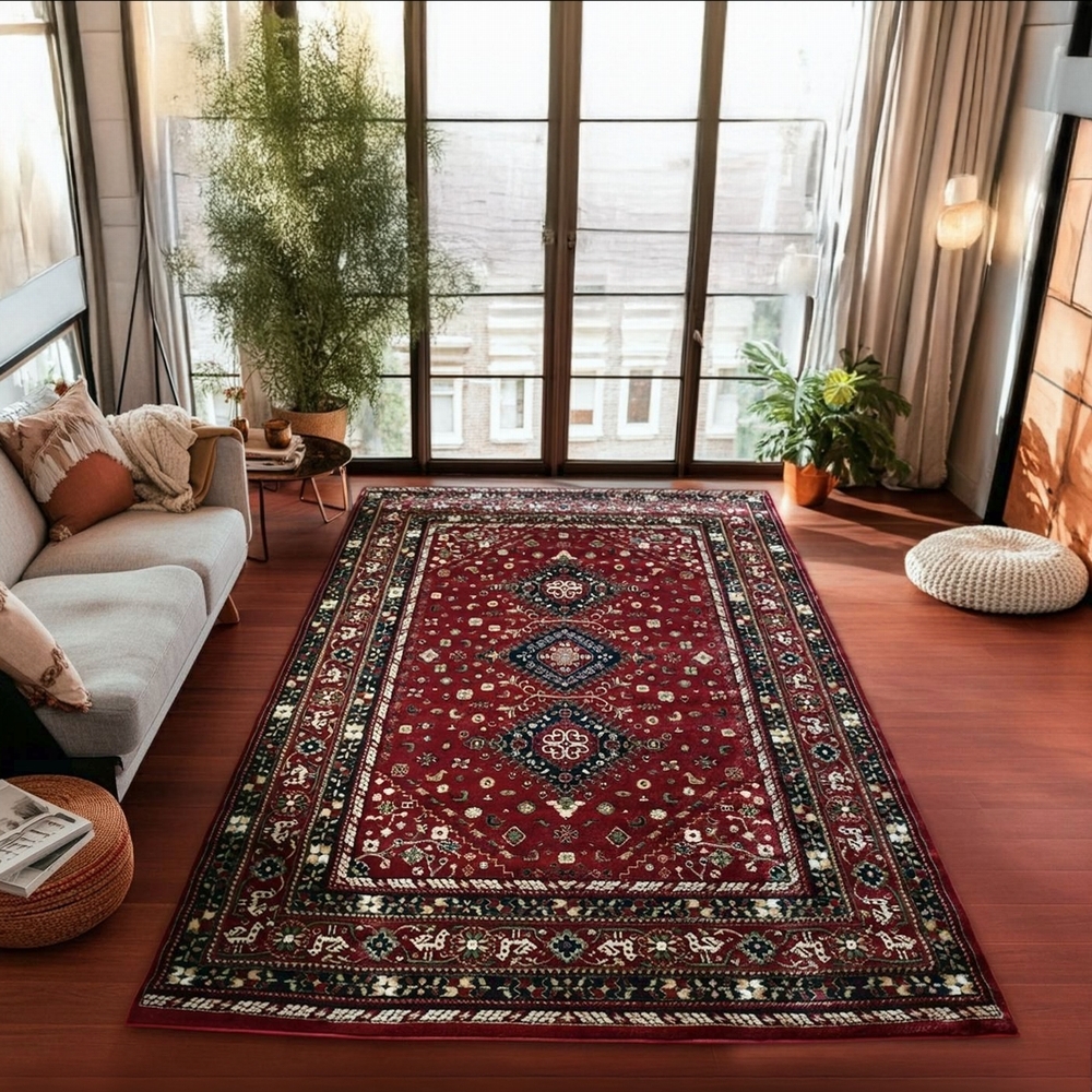 ラグ　オシャレ　ドバイ　赤　柄　長方形　カーペット　リビング　絨毯　手織り ラグ オシャレ ドバイ 赤 柄 長方形 カーペット リビング 絨毯 手織り